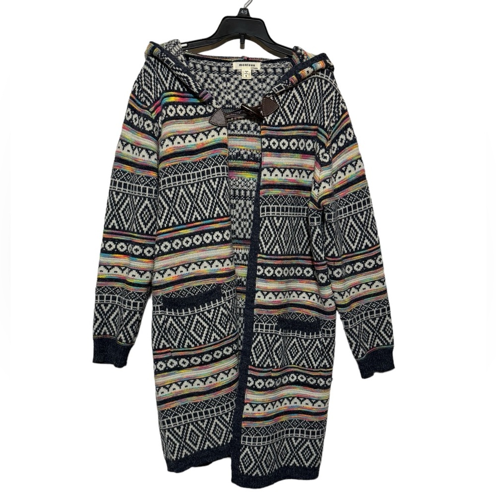 Monteau Aztec Tribal Southwest Rainbow Long Hooded Cardigan Sweater Medium